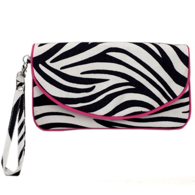 180535-BLACK/WHITE ZEBRA PRINT WALLET BAG W/PINK TRIM